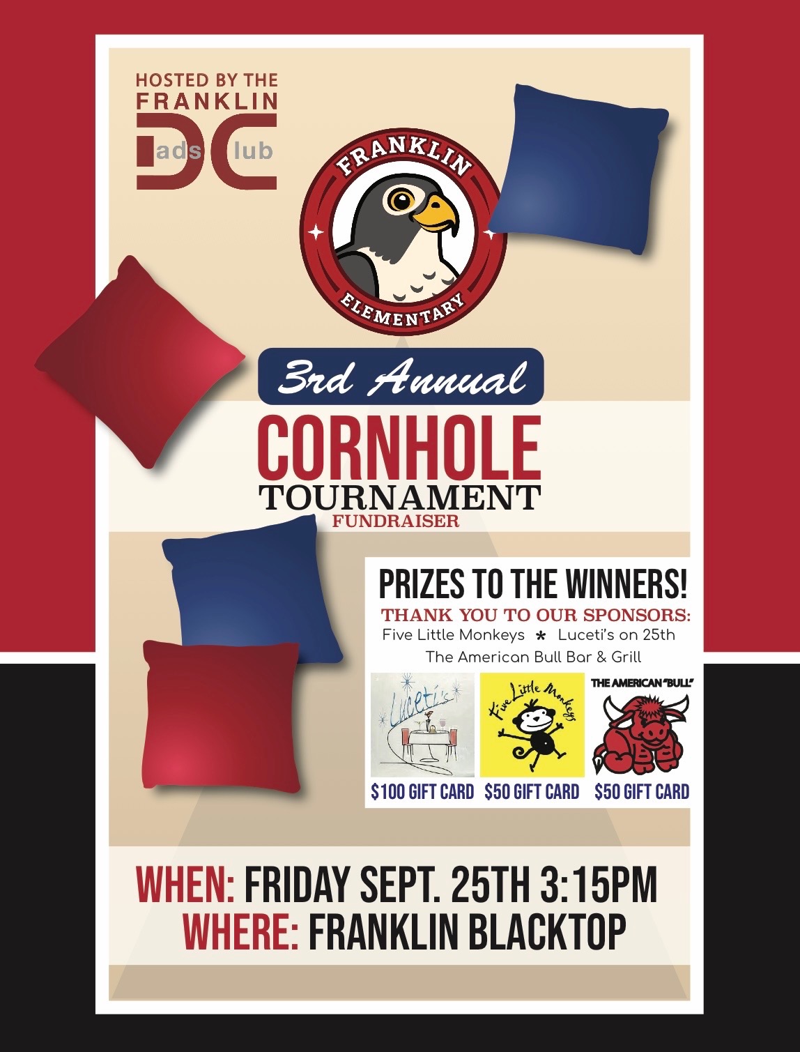 3rd Annual Cornhole Tournament flyer — Friday Sept 25, 3:15 PM, Franklin Blacktop